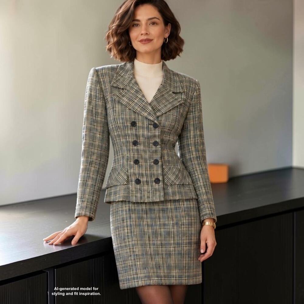 La Belle Textured Plaid Skirt Suit Sz 9 Vintage 80s Double Breasted Corpcore USA